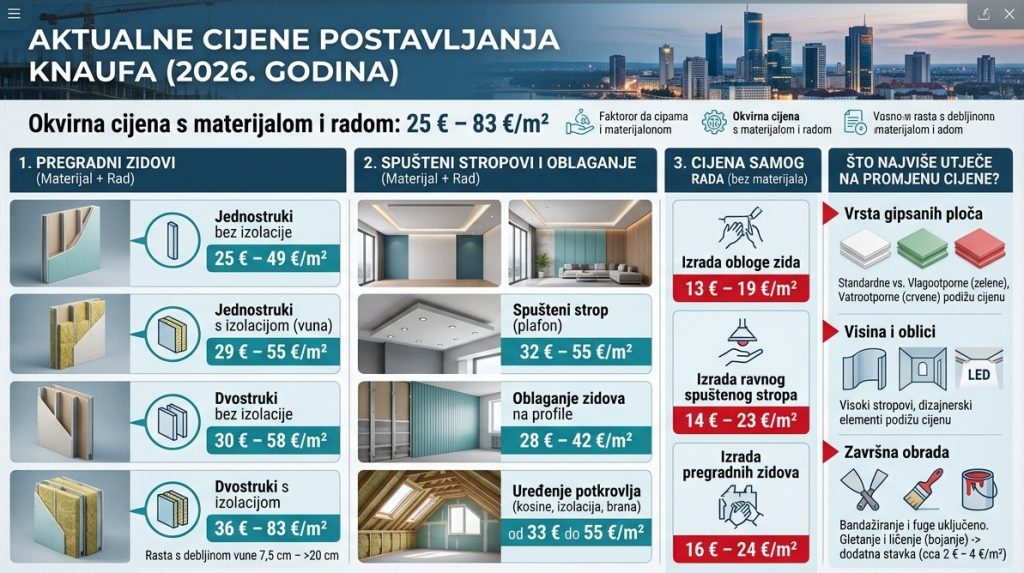Postavljanje knaufa, cijena po m2 2026 Suha gradnja