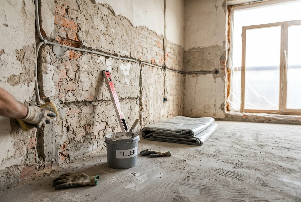 Adaptacija stana u tijeku, ogoljeni zidovi s pripremljenim utorima za instalacije