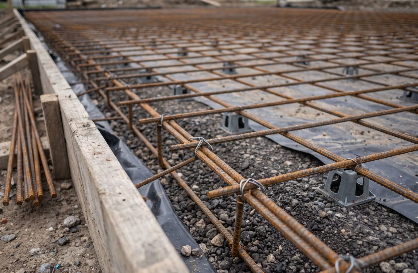 Armatura temeljne ploče povezana žicom prije betoniranja