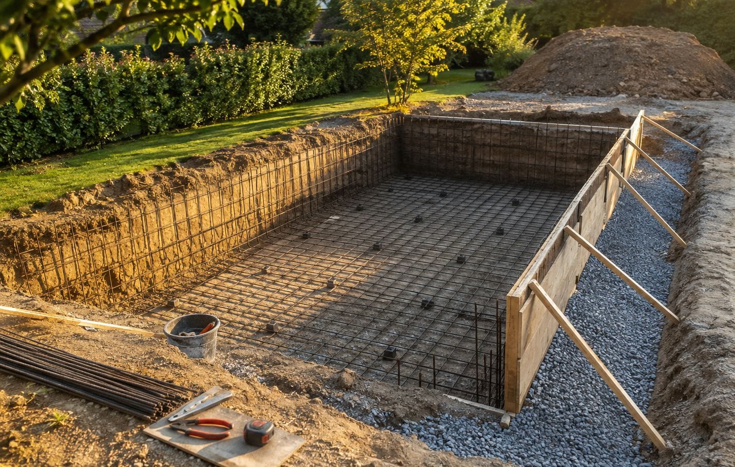 Izgradnja betonskog bazena u dvorištu, armatura i oplata prije betoniranja