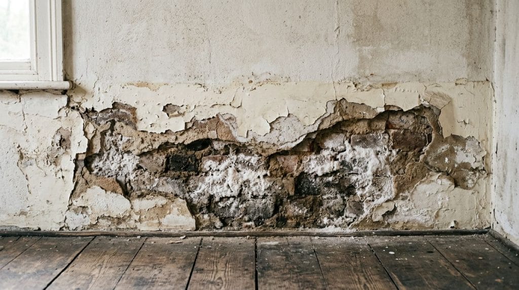 Kapilarna vlaga pri dnu zida stare kuće, otpala žbuka i naslage soli